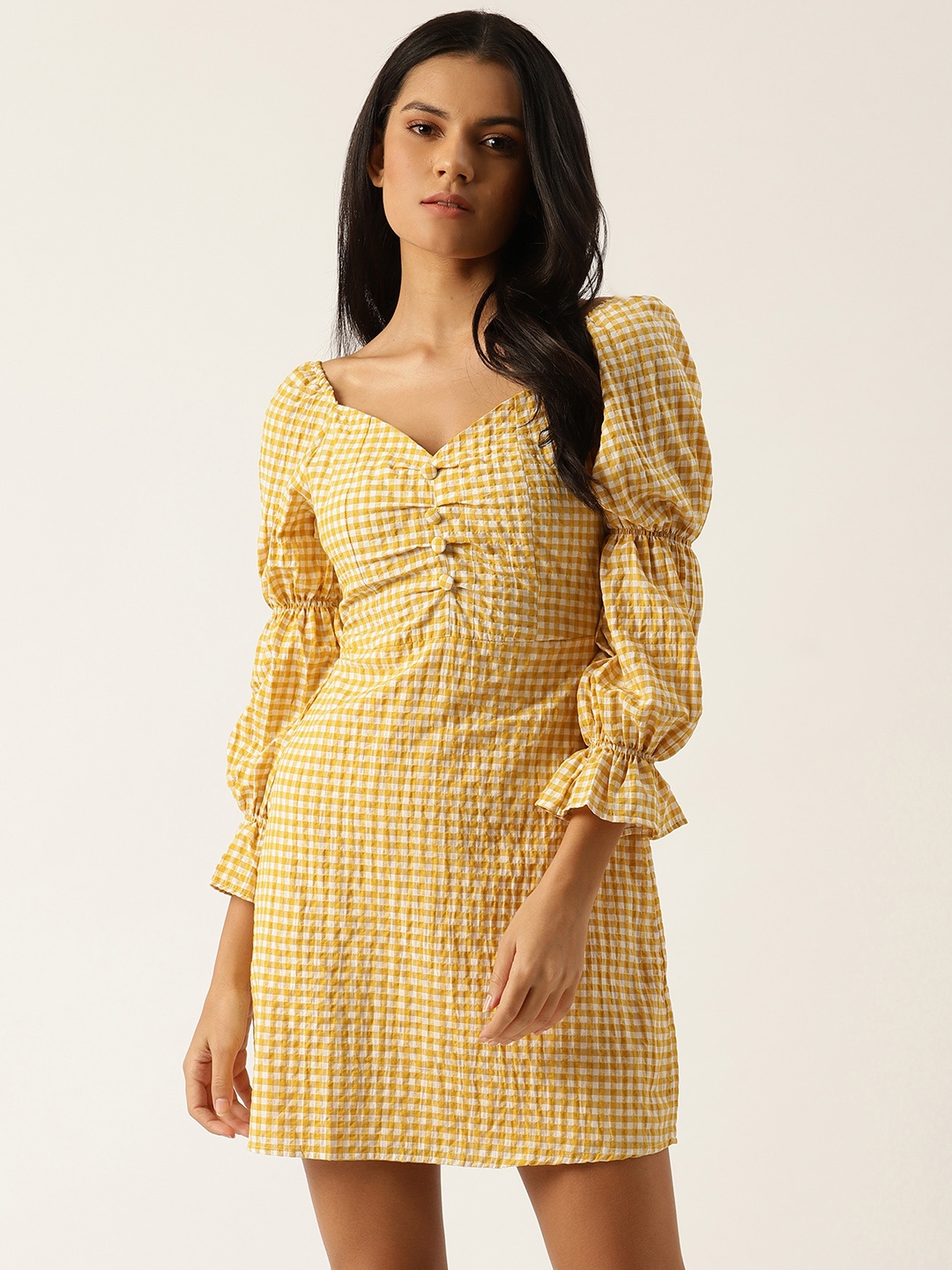 

Trendyol Yellow White Gingham Checked A-Line Mini Dress