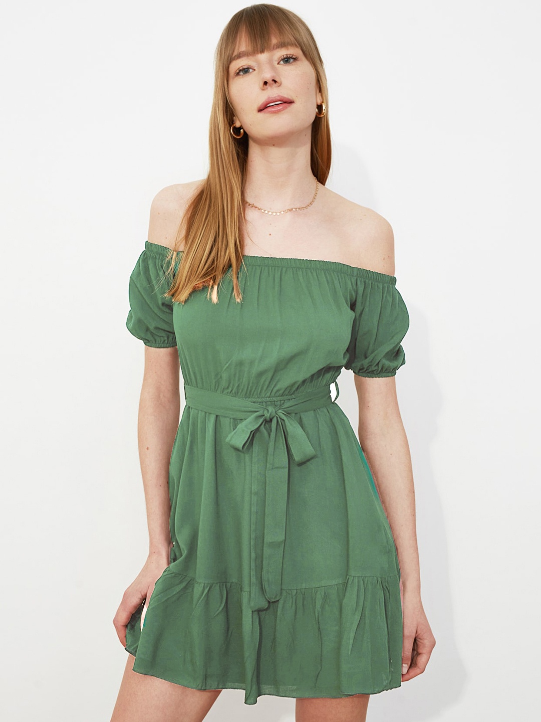 

Trendyol Women Green Solid Off-Shoulder A-Line Dress