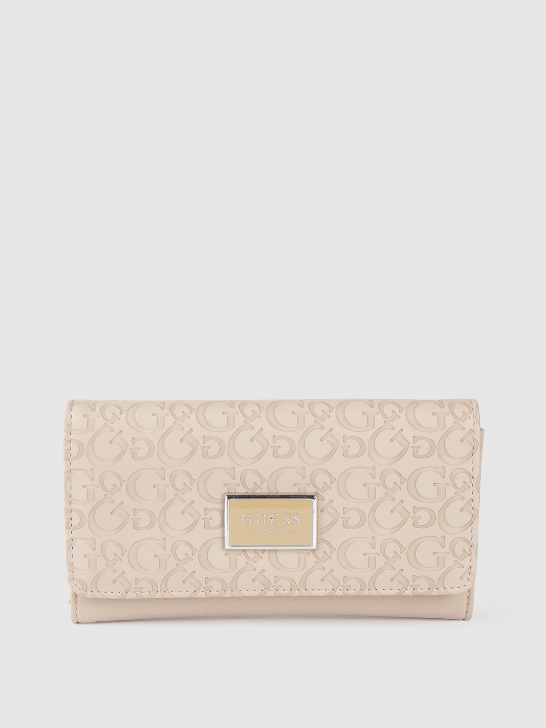 

GUESS Women Beige Brand Logo Textured Three Fold Wallet