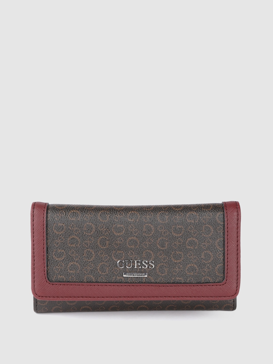 

GUESS Women Coffee Brown & Maroon Brand Logo Print Three Fold Wallet