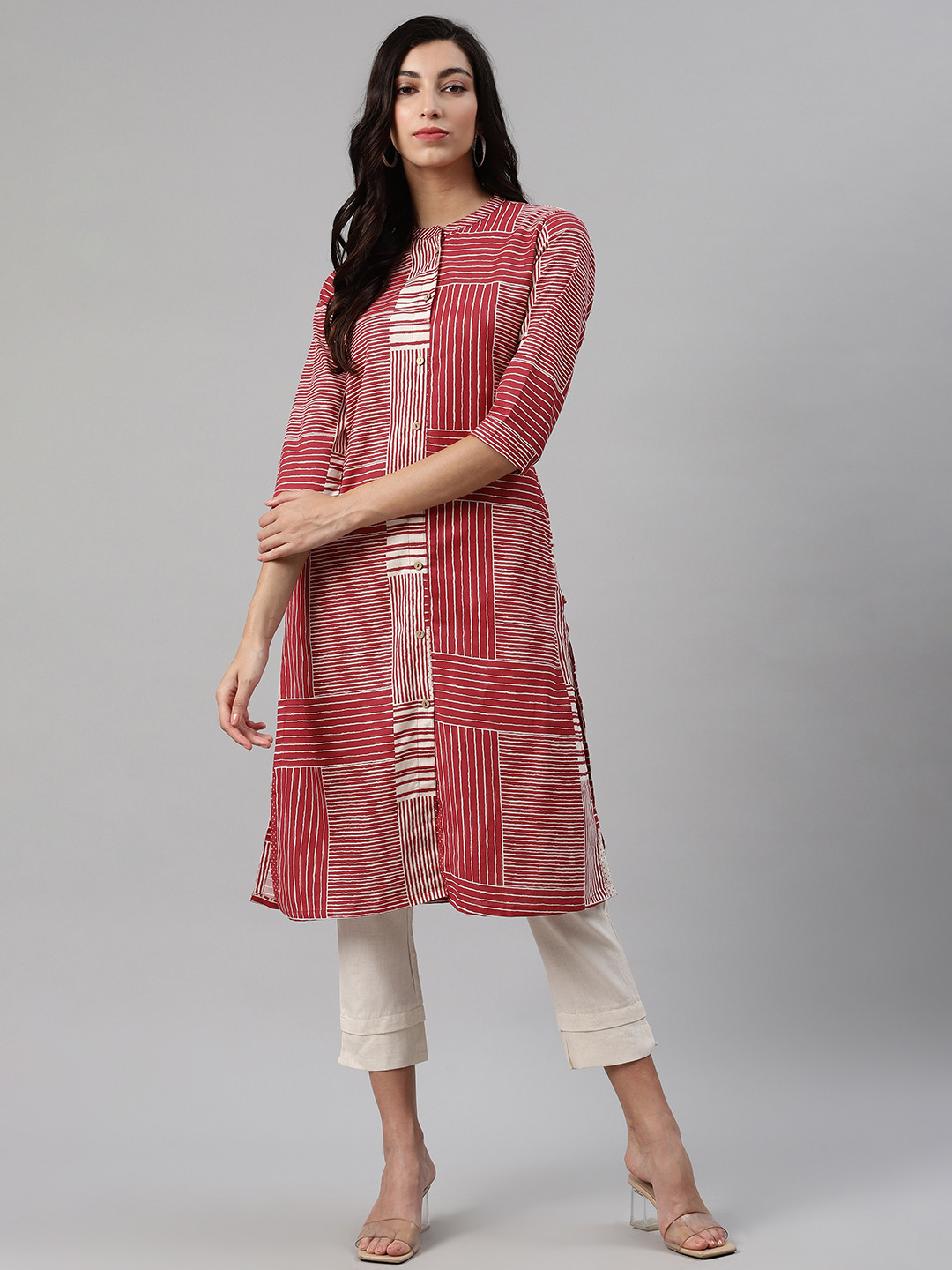 

Biba Women Maroon & Off-White Striped Kurta with Trousers