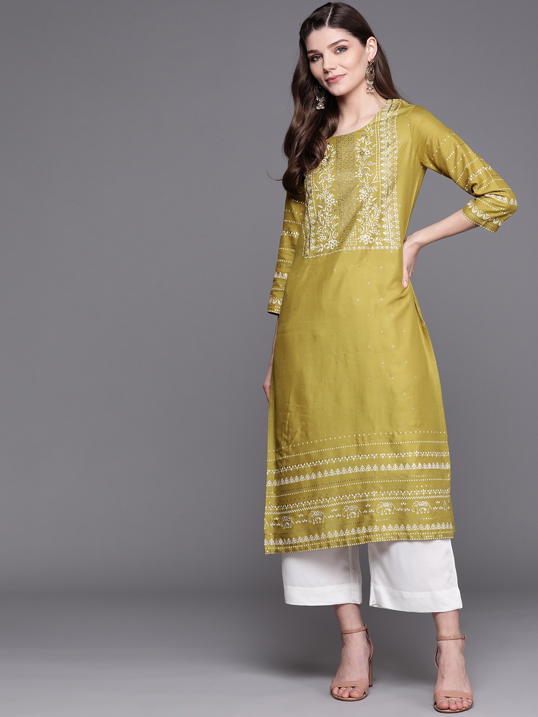 

Biba Women Green & White Printed Kurta with Crop Palazzos