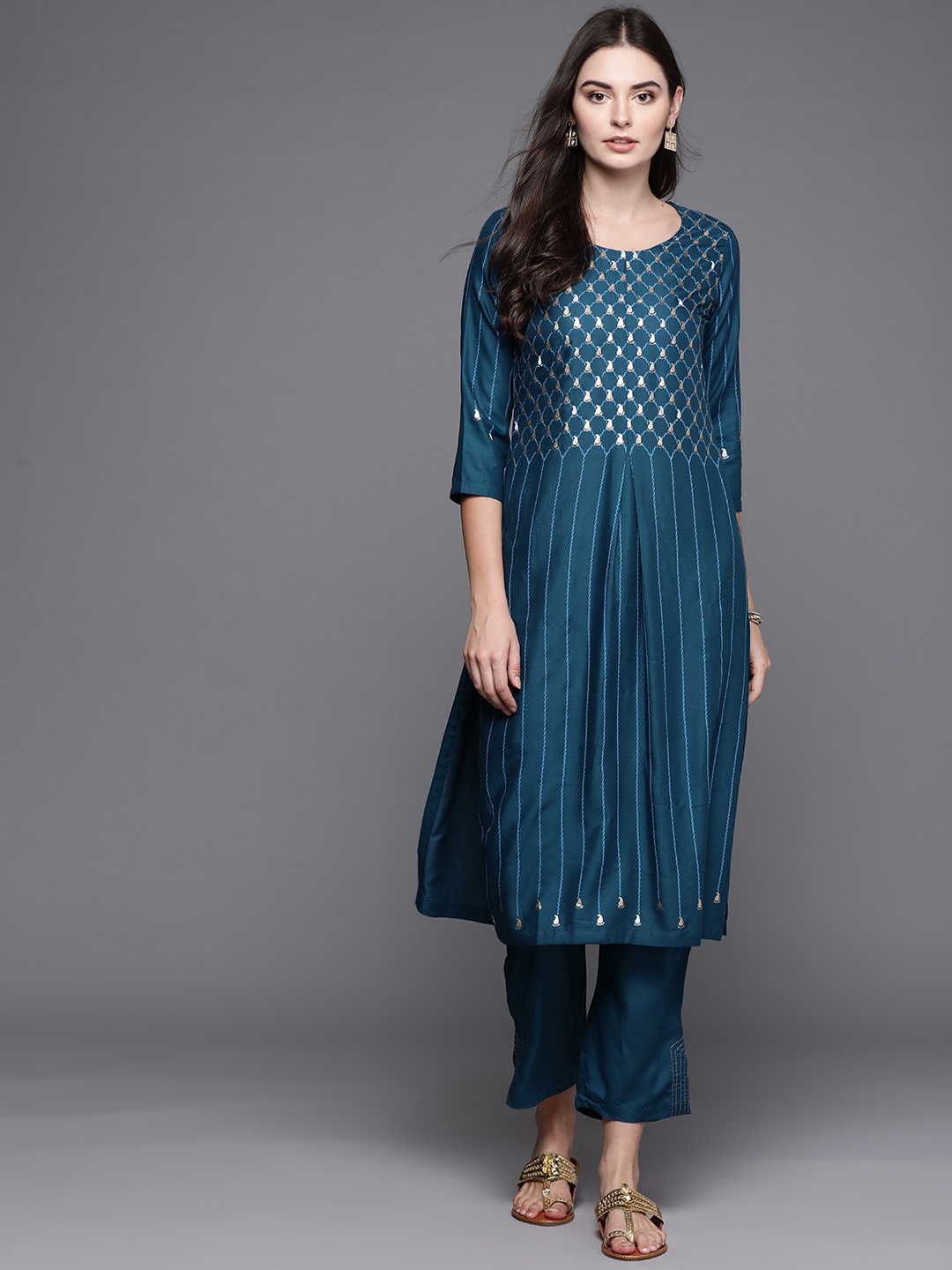 

Biba Women Teal Blue & Silver Printed Kurta with Trousers