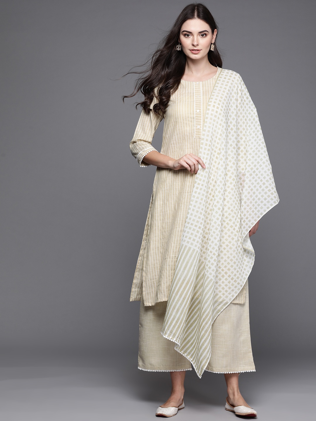 

Biba Women Green & White Striped Kurta with Palazzos & Dupatta