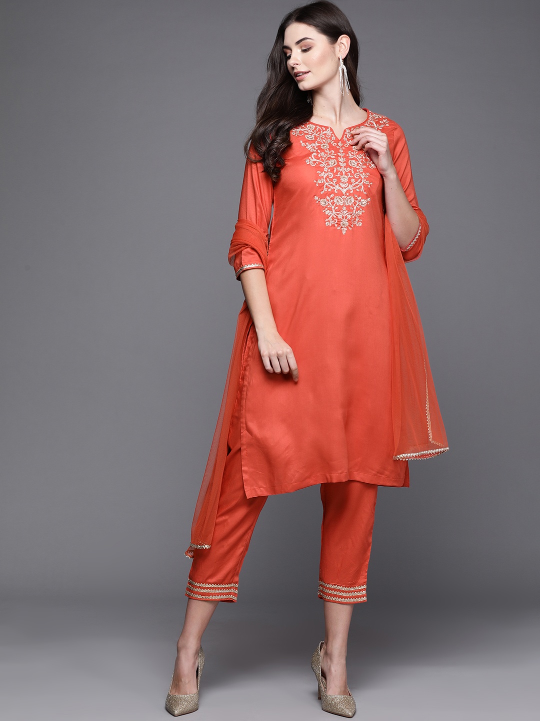 

Biba Women Orange Embroidered Kurta with Trousers & Dupatta