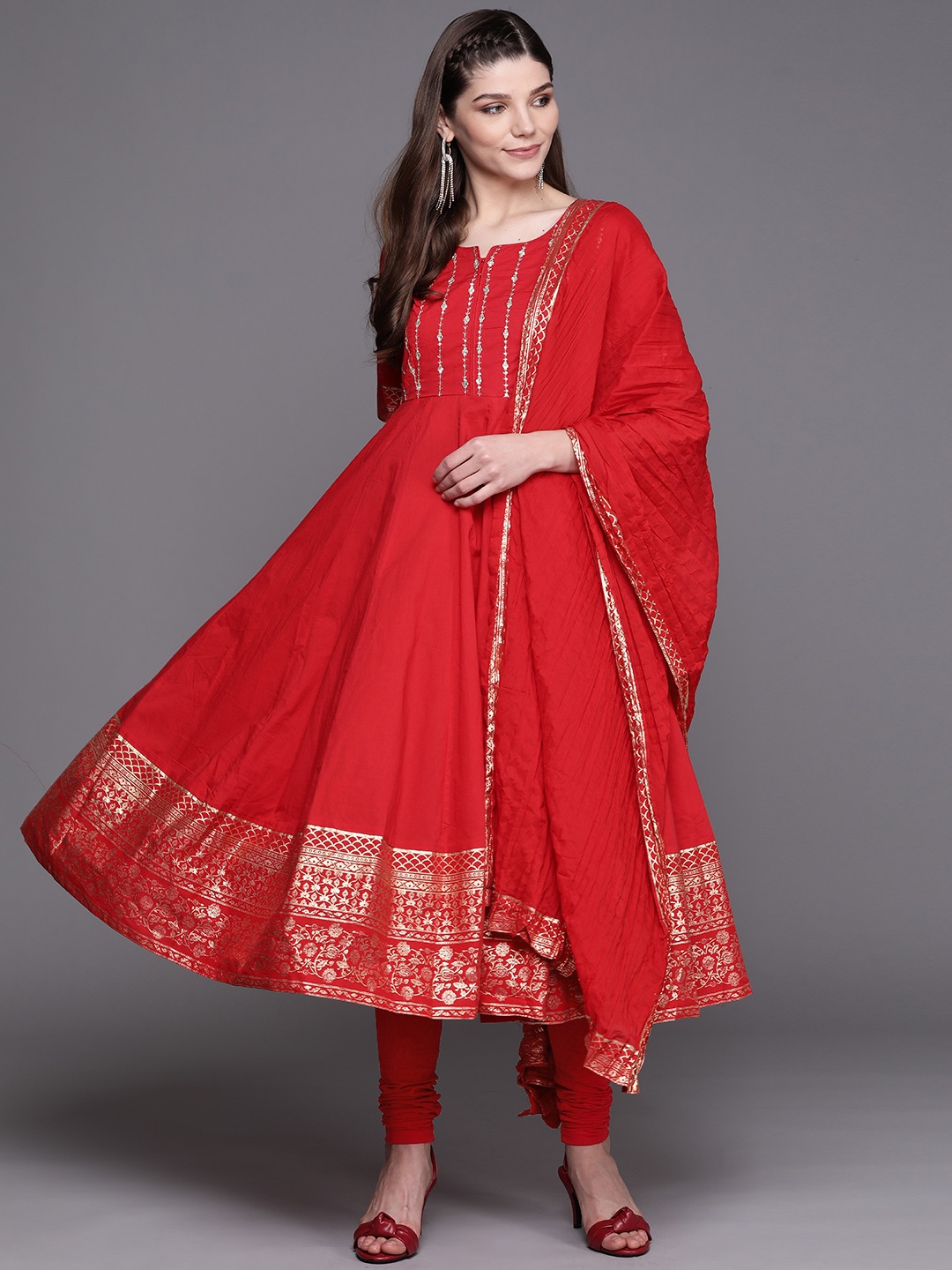 

Biba Women Red & Golden Yoke Sequinned Kurta with Churidar & Dupatta