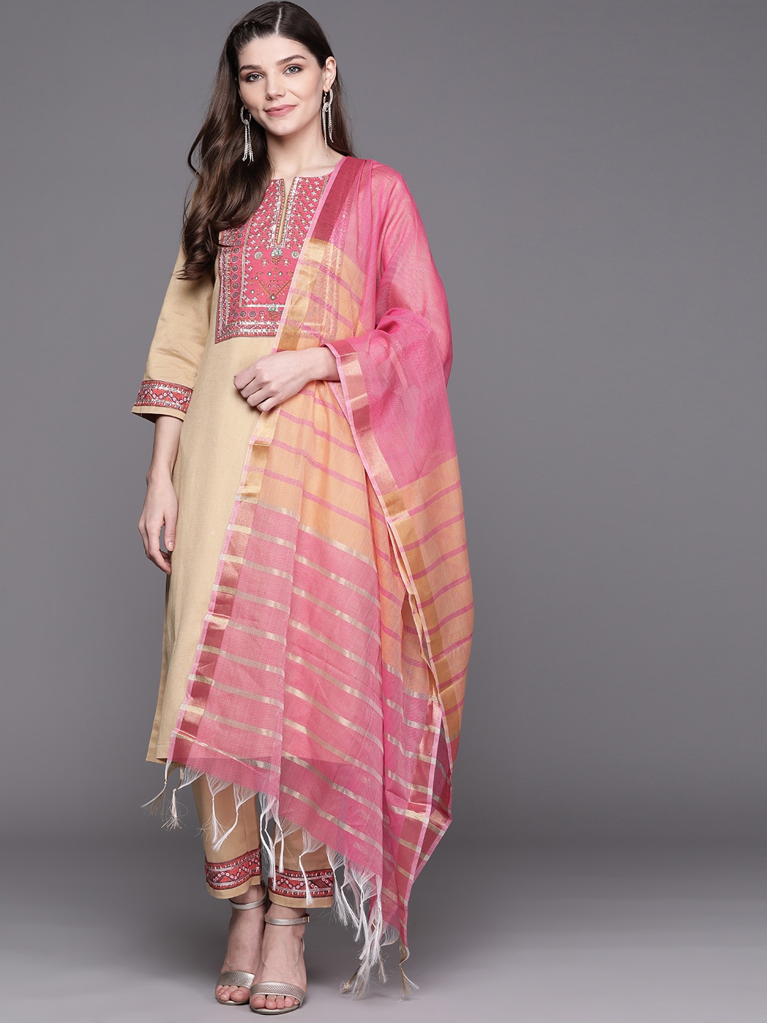 

Biba Women Beige & Pink Solid Kurta with Trousers & Dupatta