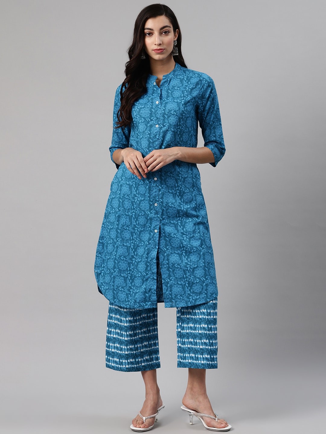 

Biba Women Blue Printed Kurta with Palazzos, Teal