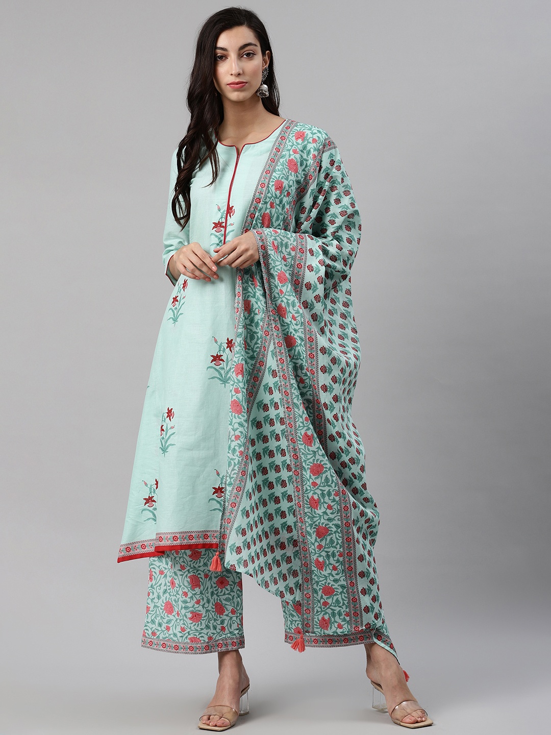 

Biba Women Sea Blue & Red Printed Kurta with Palazzos & Dupatta, Sea green