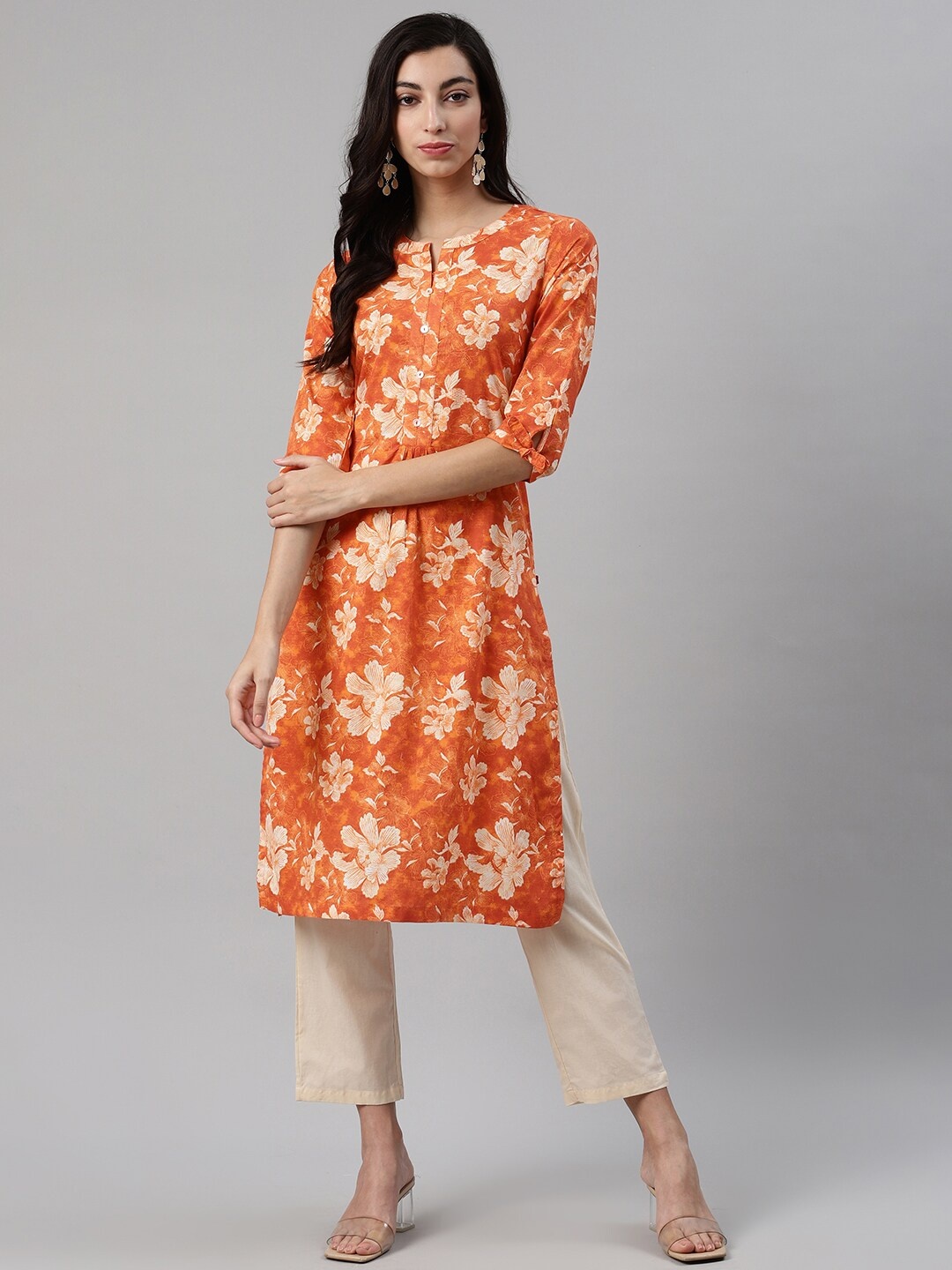 

Biba Women Orange & Beige Printed Kurta with Trousers