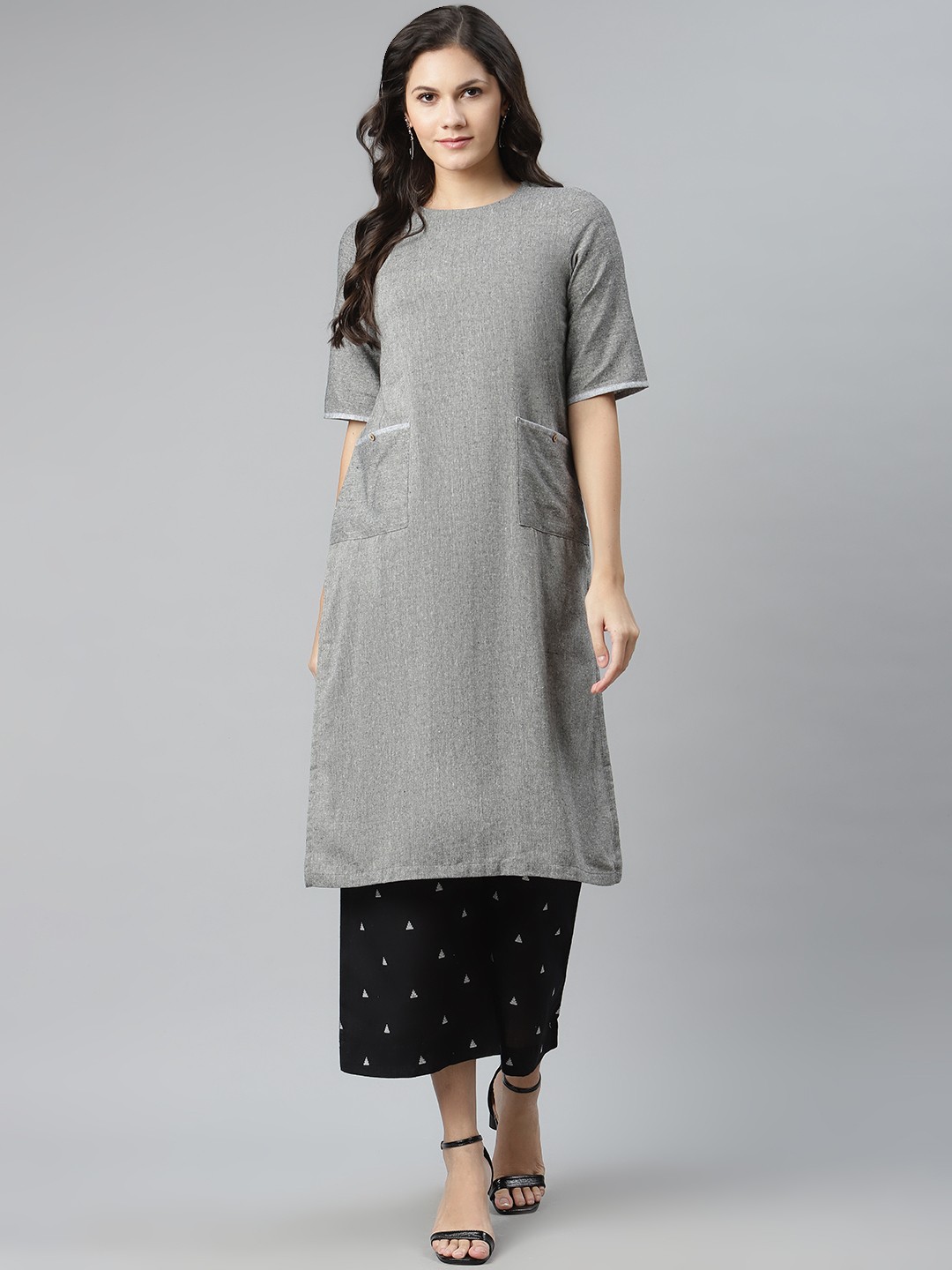 

Biba Women Grey Melange & Black Solid Kurta with Palazzos