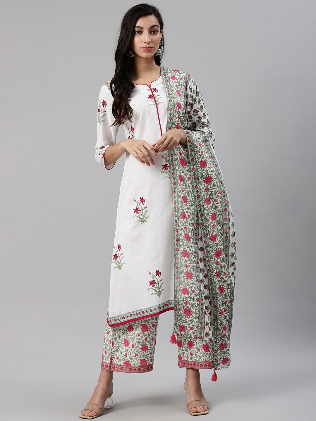 

Biba Women White & Pink Printed Kurta with Palazzos & Dupatta