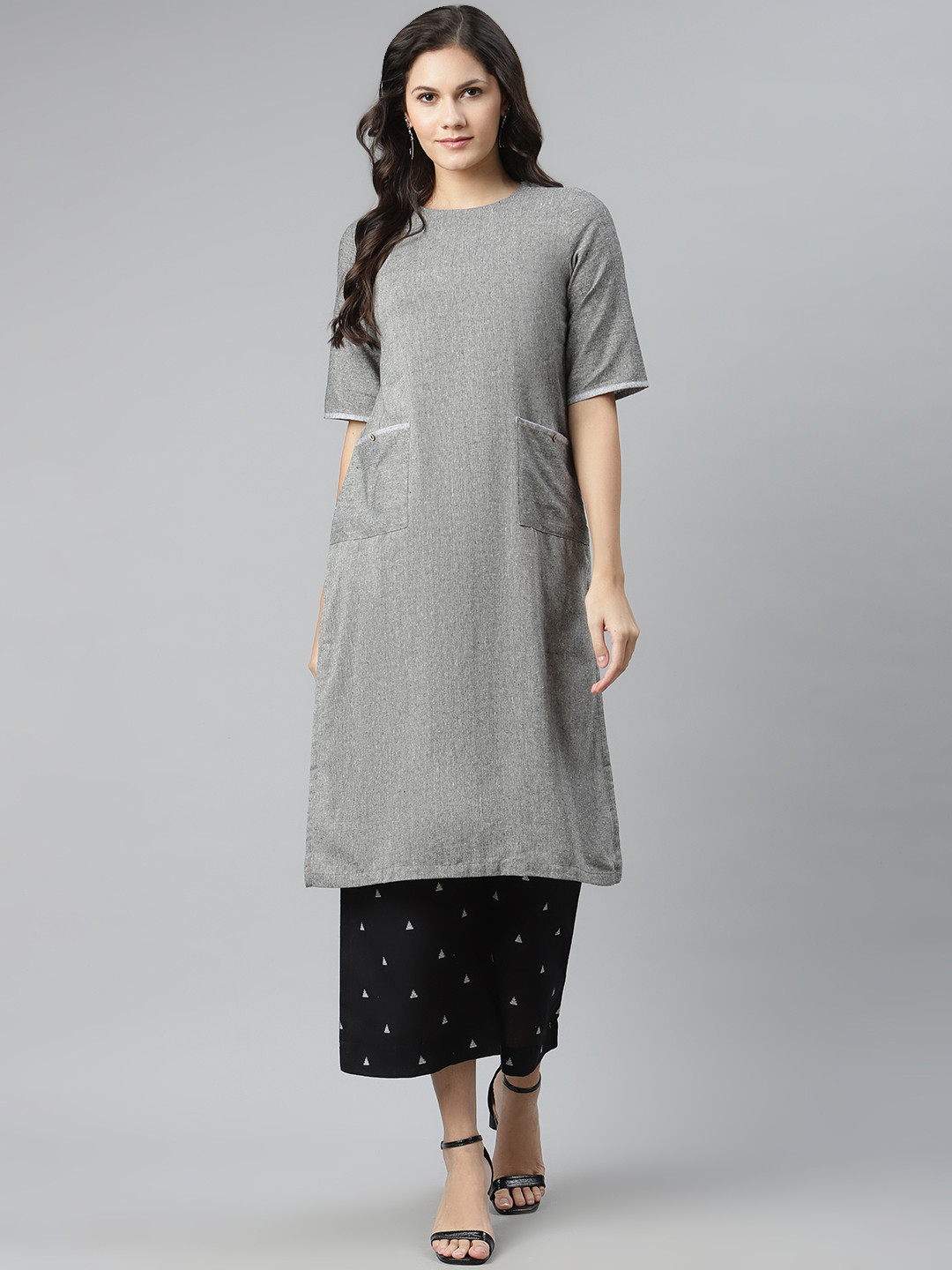 

Biba Women Grey Melange & Black Solid Kurta with Palazzos