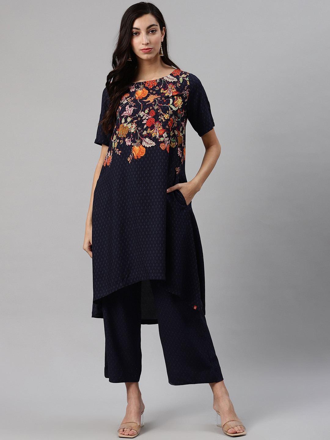 

Biba Women Navy Blue Printed Kurta with Palazzos