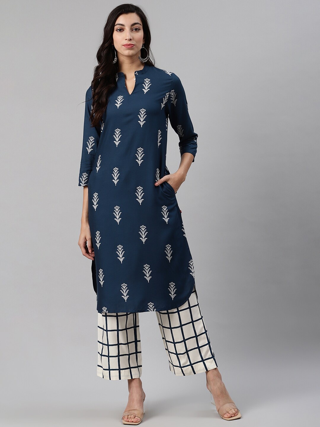 

Biba Women Navy Blue Printed Kurta with Palazzos