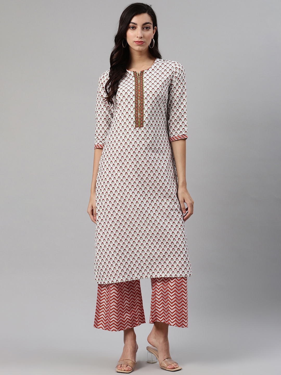 

Biba Women White & Maroon Printed Kurta with Palazzos