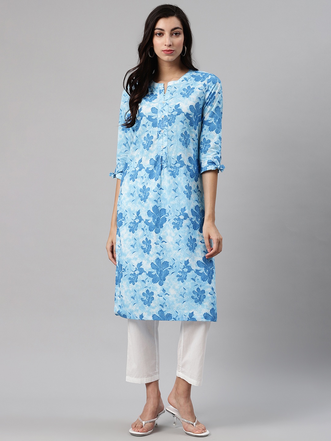 

Biba Women Blue & White Printed Kurta with Trousers