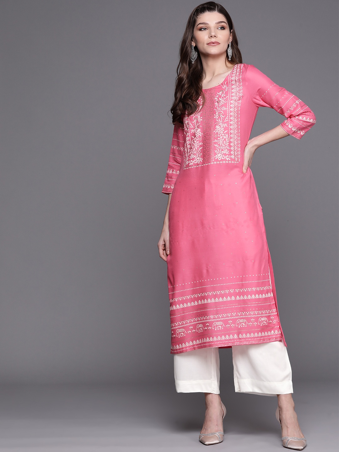 

Biba Women Pink & White Printed Kurta with Palazzos