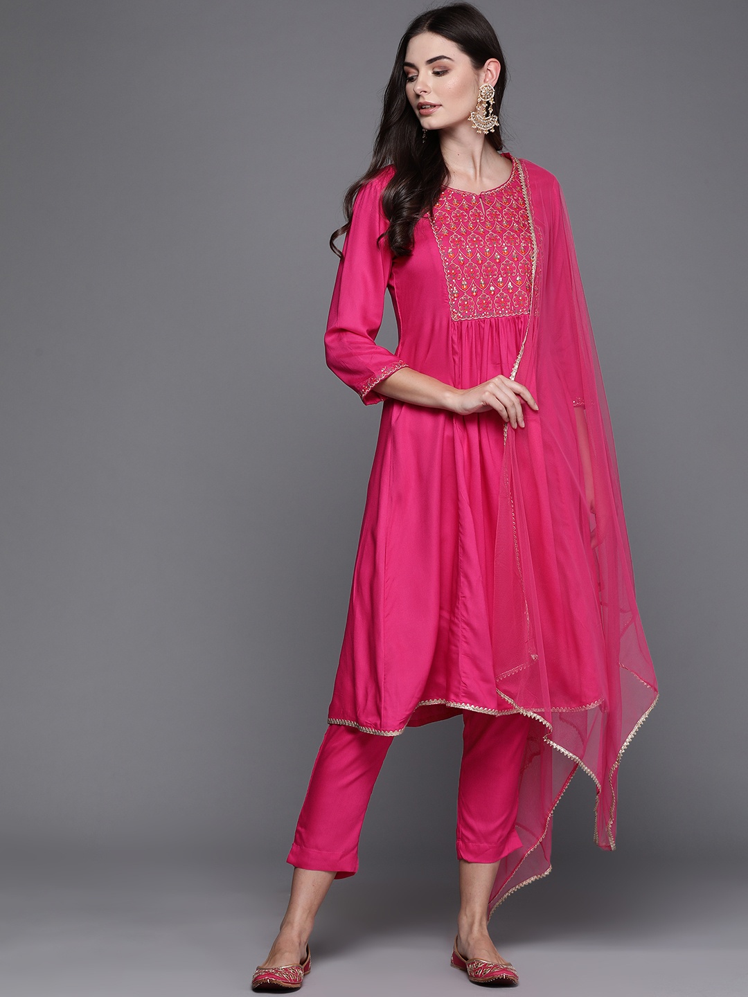 

Biba Women Fuchsia Embroidered Kurta with Trousers & Dupatta