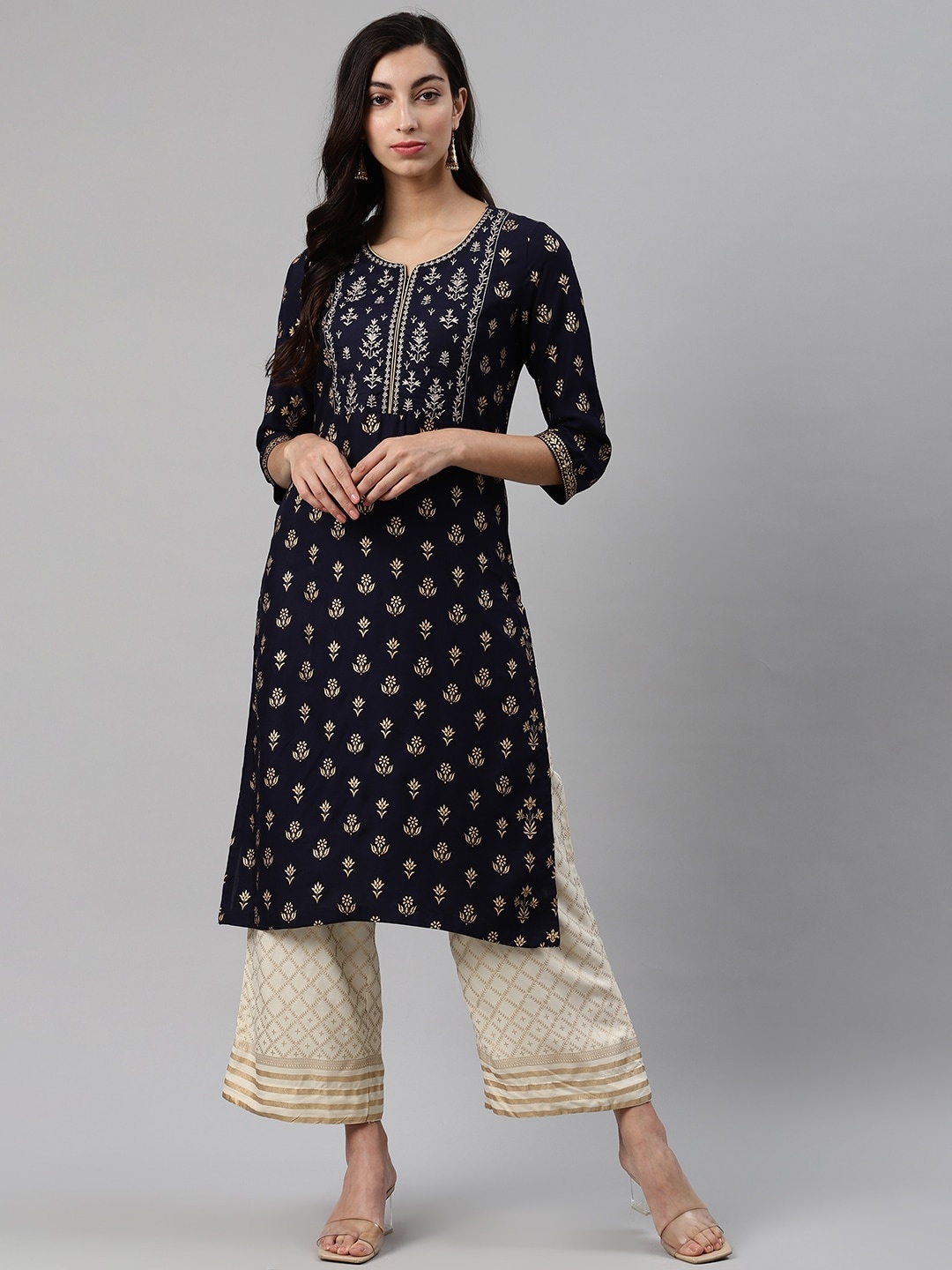 

Biba Women Navy Blue & Beige Printed Kurta with Palazzos