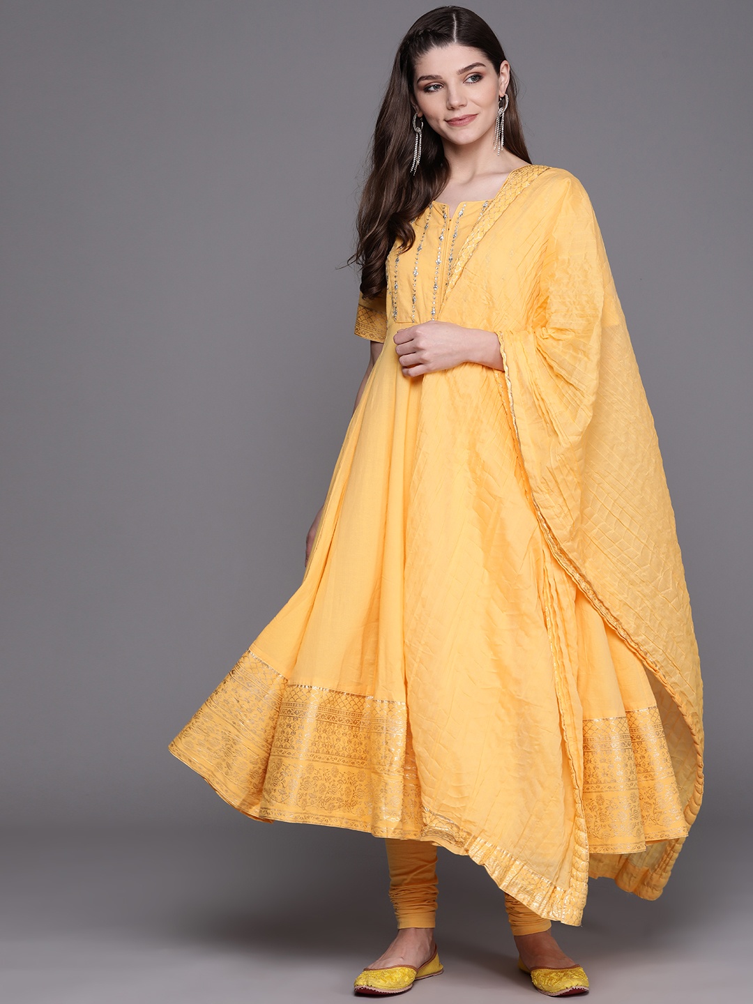 

Biba Women Yellow & Golden Yoke Sequinned Kurta with Churidar & Dupatta