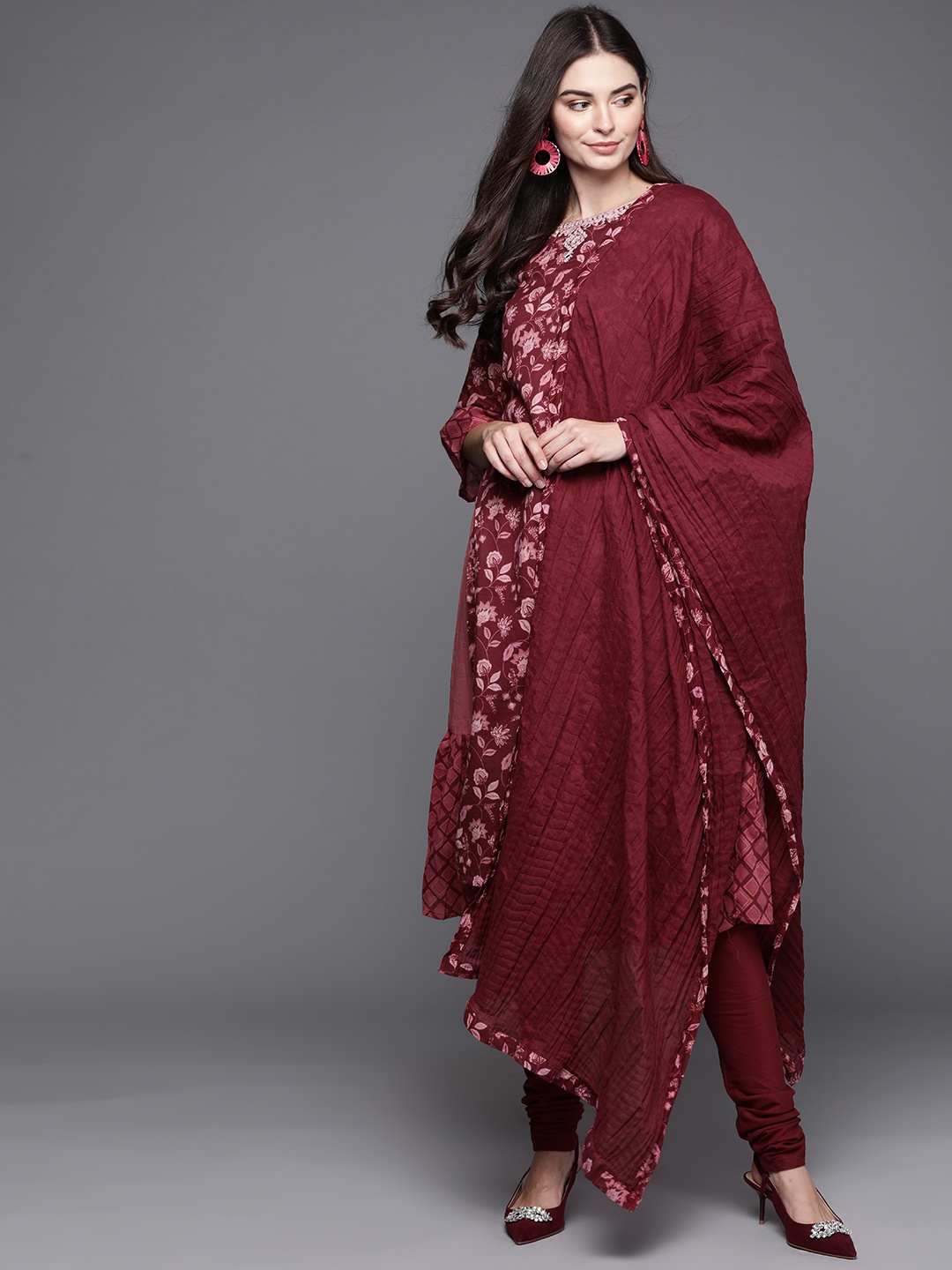 

Biba Women Maroon & Pink Printed Pure Cotton Kurta with Churidar & Dupatta