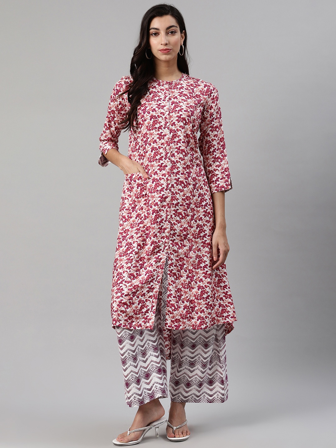 

Biba Women Off-White & Magenta Printed Kurta with Palazzos
