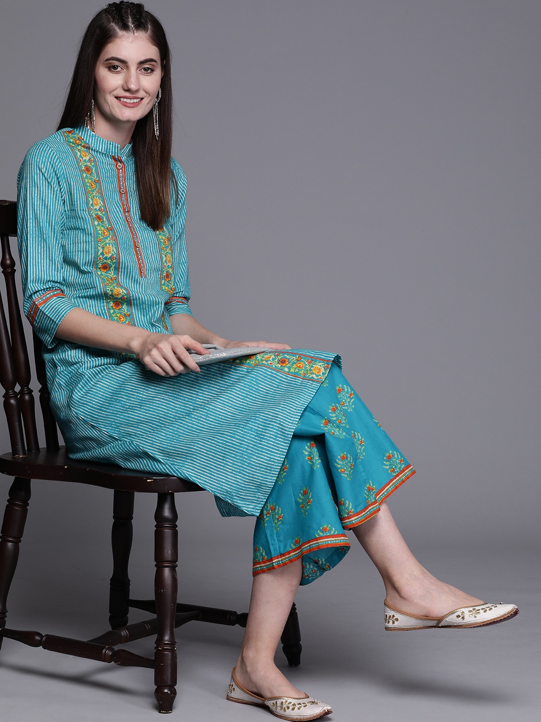 

Biba Women Blue & Green Striped Kurta with Palazzos