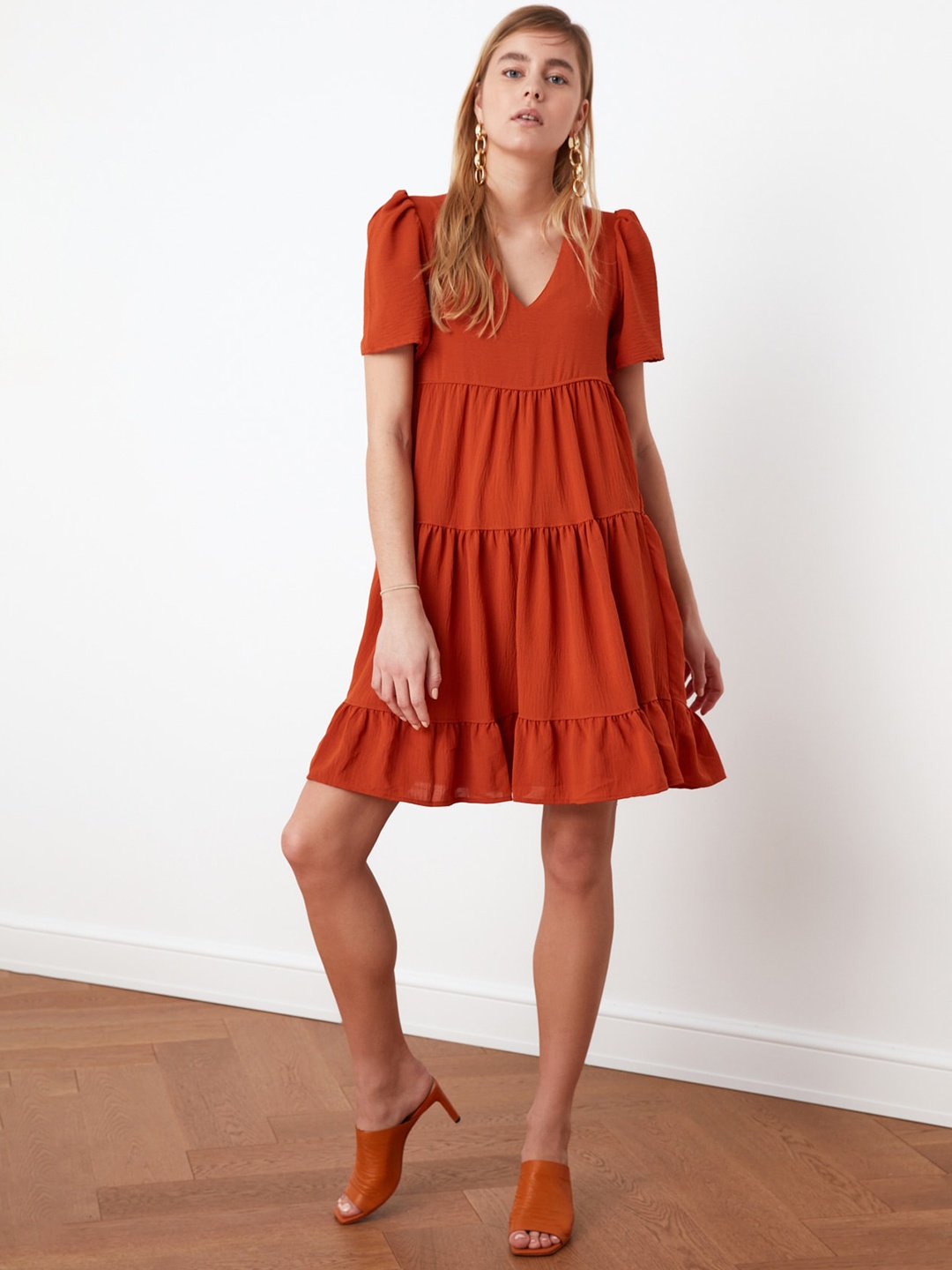 

Trendyol Women Rust Red Solid A-Line Dress