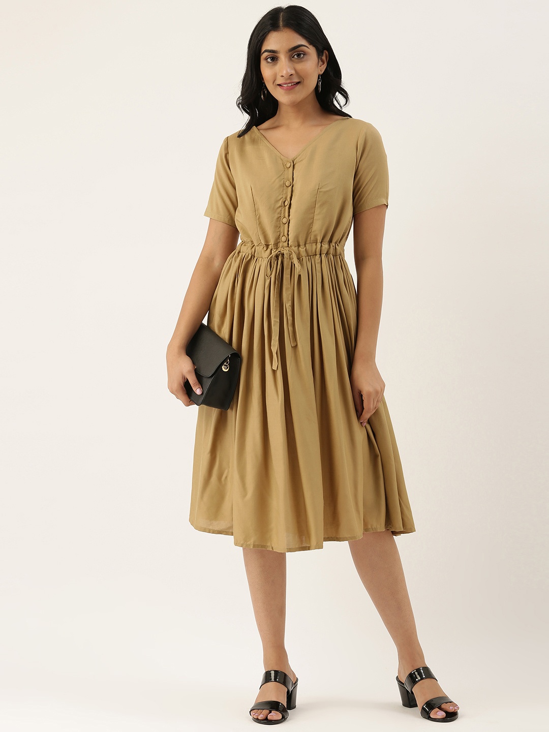 

Ethnovog Women Khaki Brown Solid Made To Measure Fit and Flare Dress