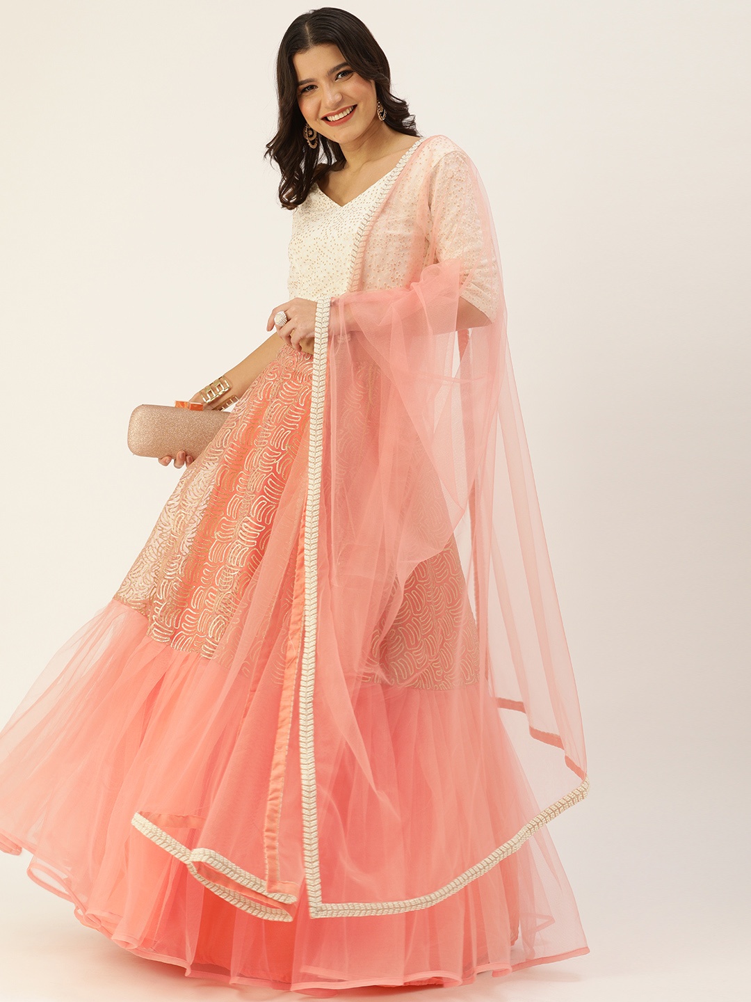 

Ethnovog Peach-Coloured White Embroidered Sequinned Made to Measure Lehenga Blouse With Dupatta