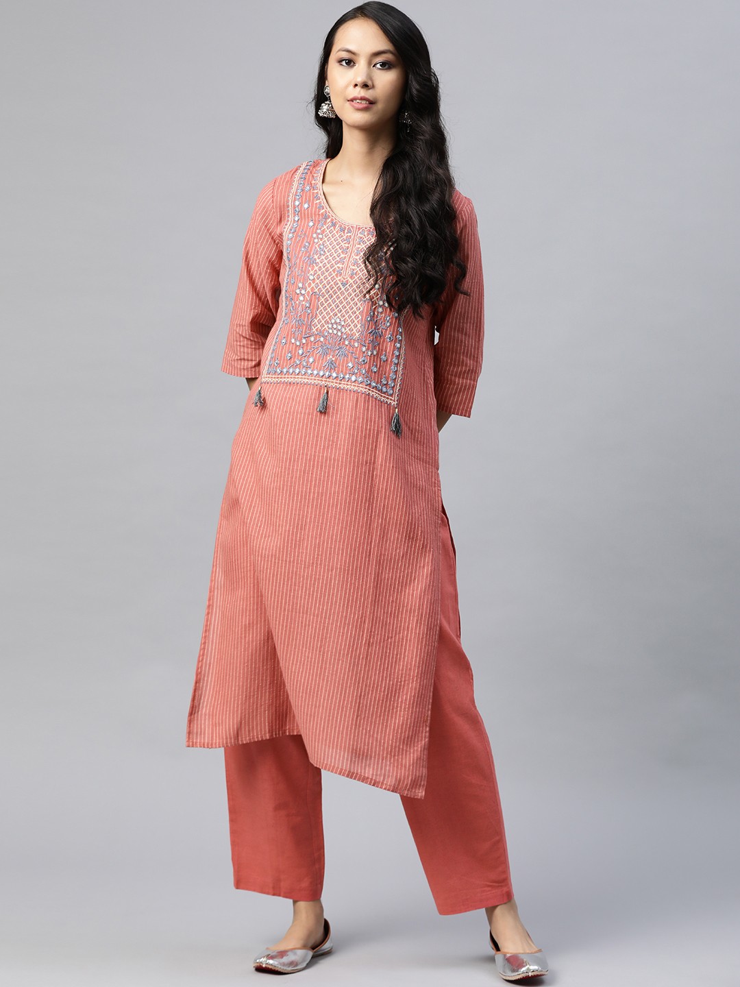 

SILVER STOCK Women Rust Orange Striped Mirror Work Straight Kurta