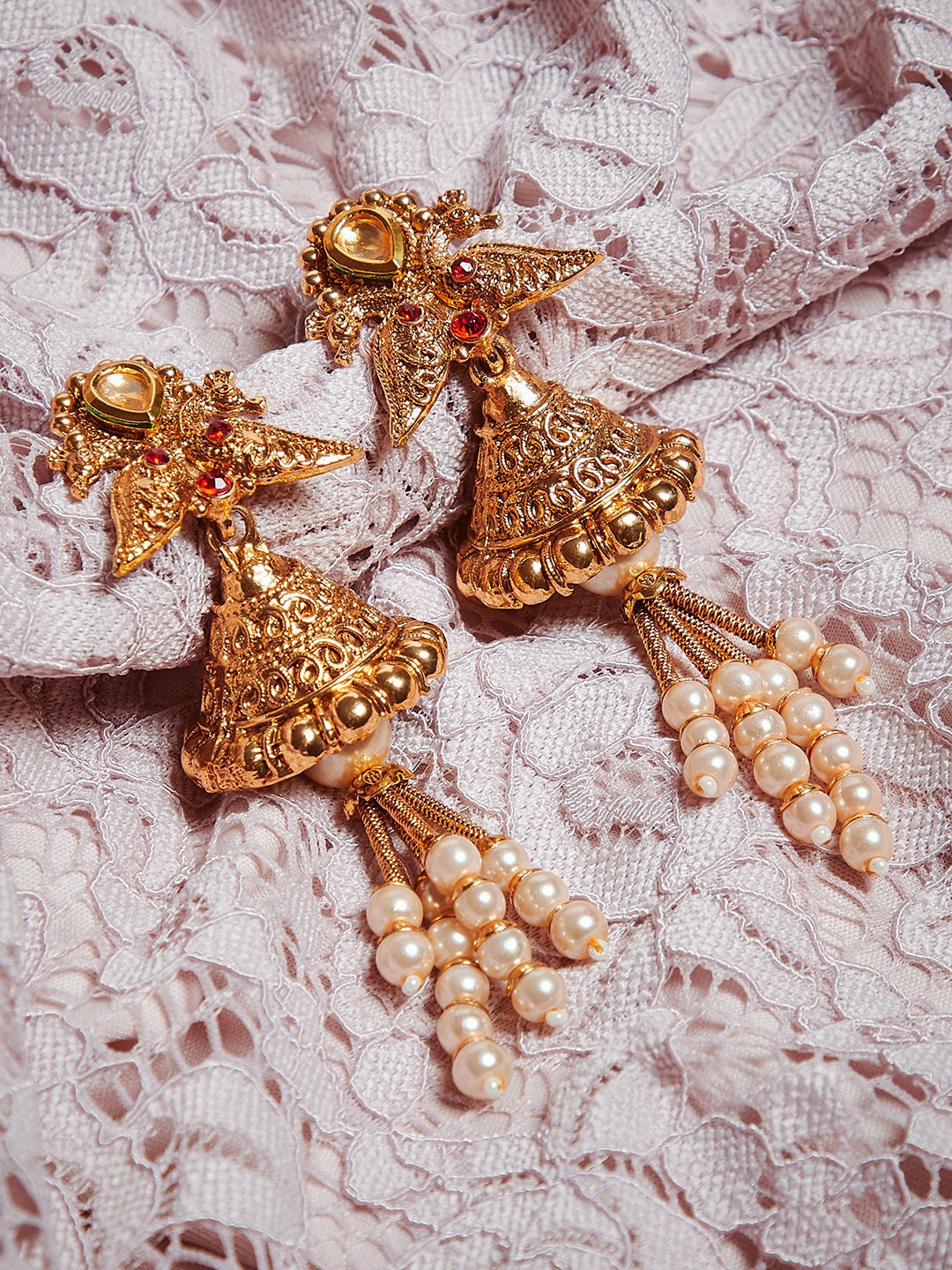 

PANASH Gold-Toned Peacock Shaped Handcrafted Jhumkas