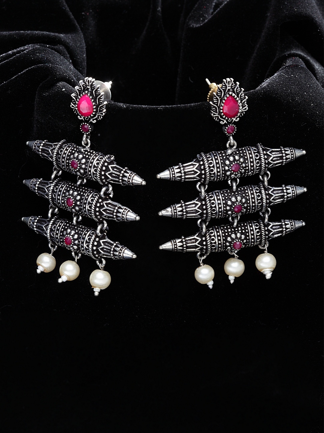 

PANASH Pink Silver-Plated Oxidized Contemporary Drop Earrings