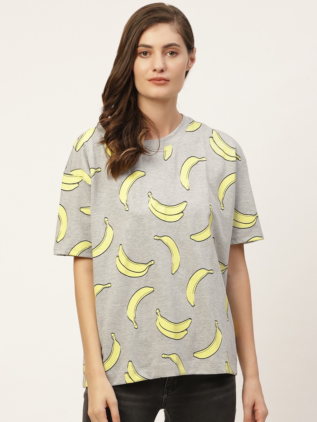 

Moda Rapido Women Grey Melange & Yellow Printed Drop-Shoulder Sleeves T-shirt