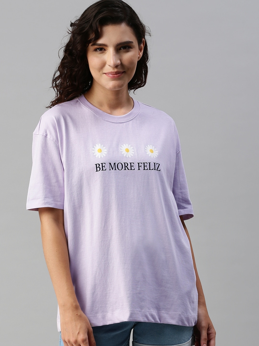 

HERENOW Women Lavender Typography Printed Drop-Shoulder Sleeves Pure Cotton T-shirt