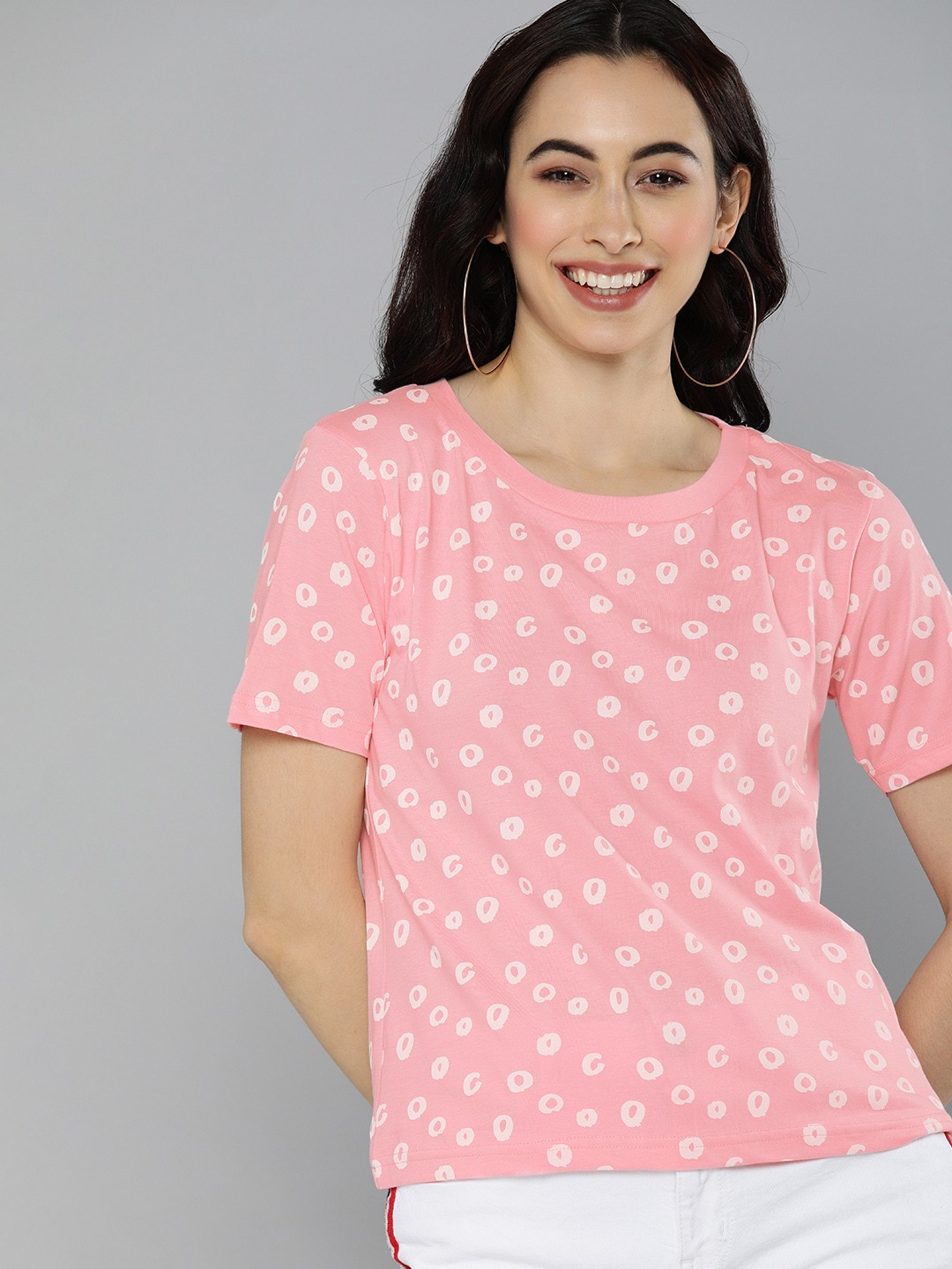 

HERENOW Women Pink White Printed Round Neck Pure Cotton T-shirt