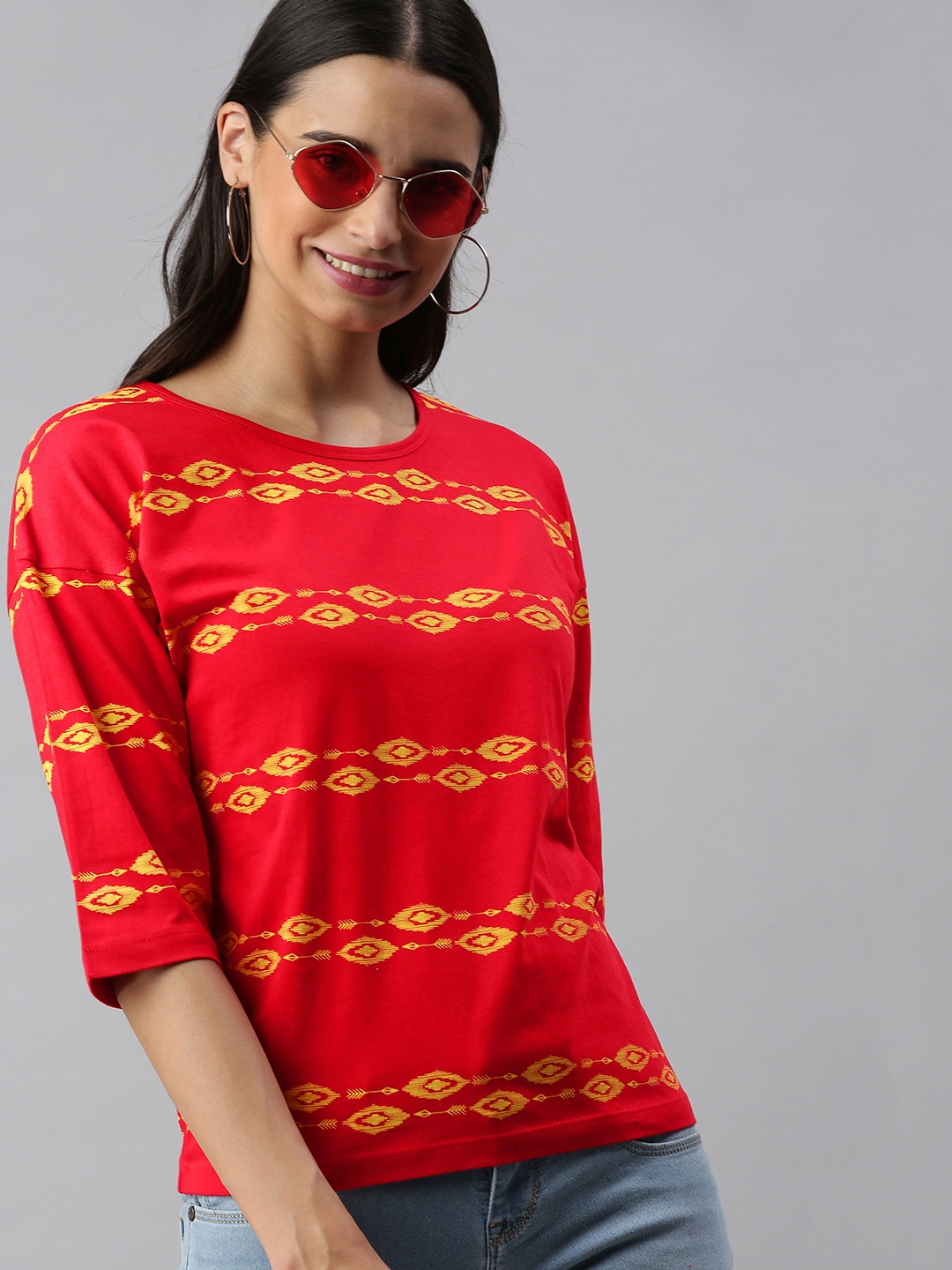 

HERE&NOW Women Red Printed Drop-Shoulder Round Neck T-shirt