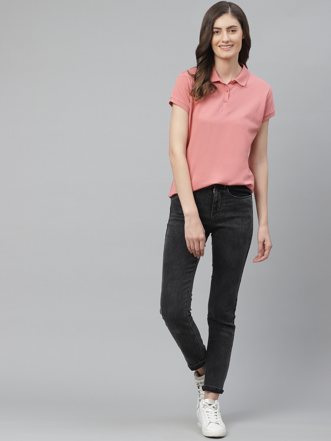 

HERE&NOW Women Peach-Coloured Solid Polo Collar T-shirt