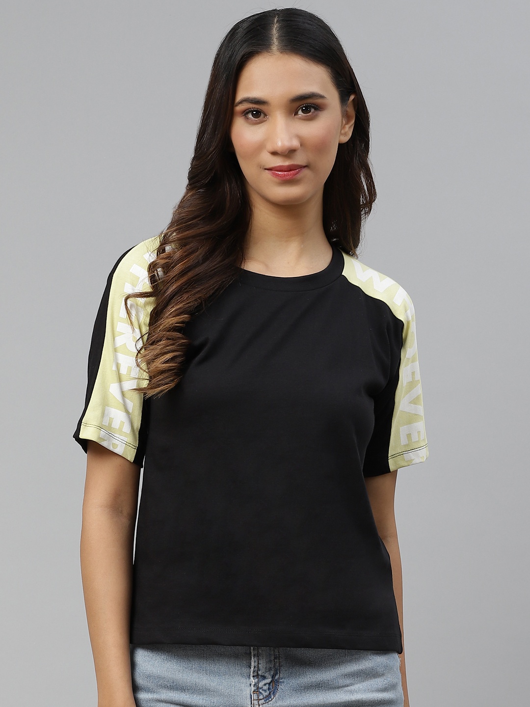 

HERENOW Women Black Pure Cotton T-shirt With Printed Sleeves