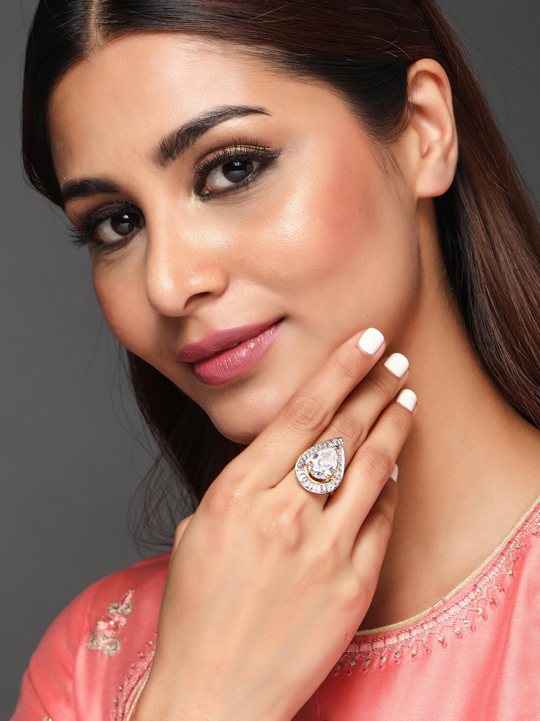 

Rubans Gold-Plated White CZ-Studded Handcrafted Finger Ring