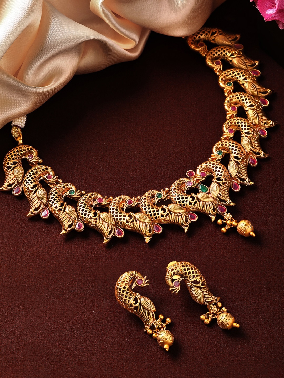 

Rubans 24 K Gold-Plated Pink & Green Stone-Studded Handcrafted Jewellery Set