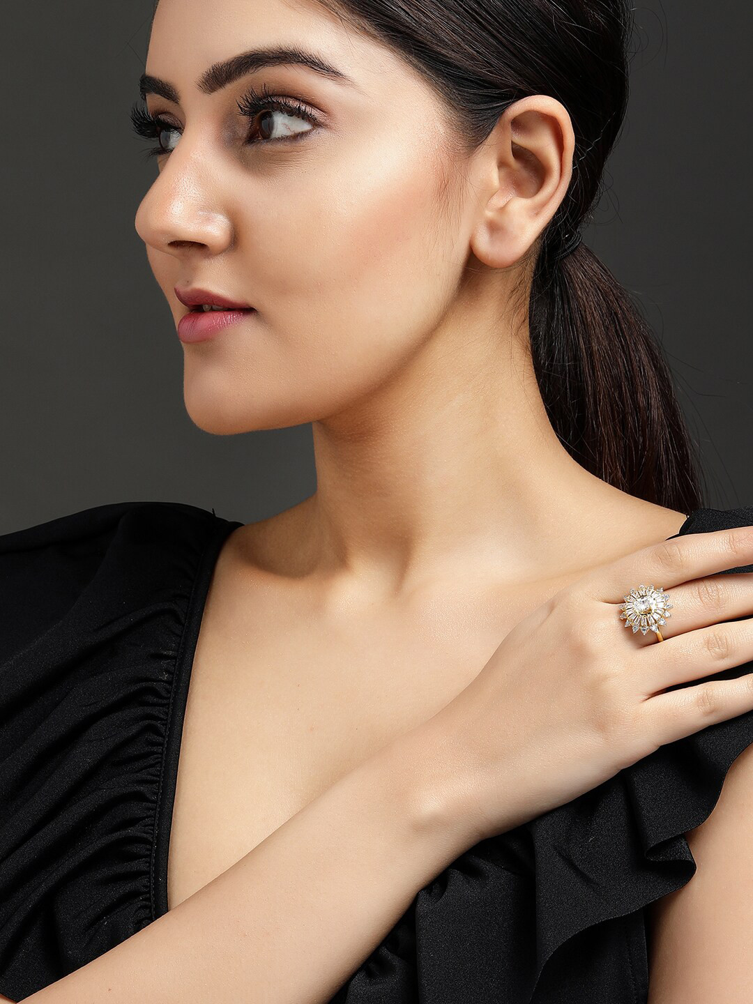 

Rubans Gold-Plated White CZ-Studded Handcrafted Adjustable Finger Ring