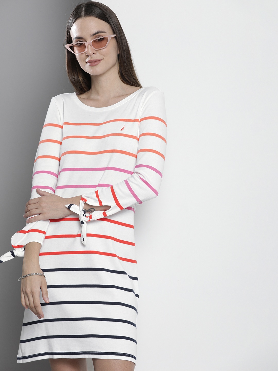 

Nautica White & Orange Striped Pure Cotton T-shirt Dress