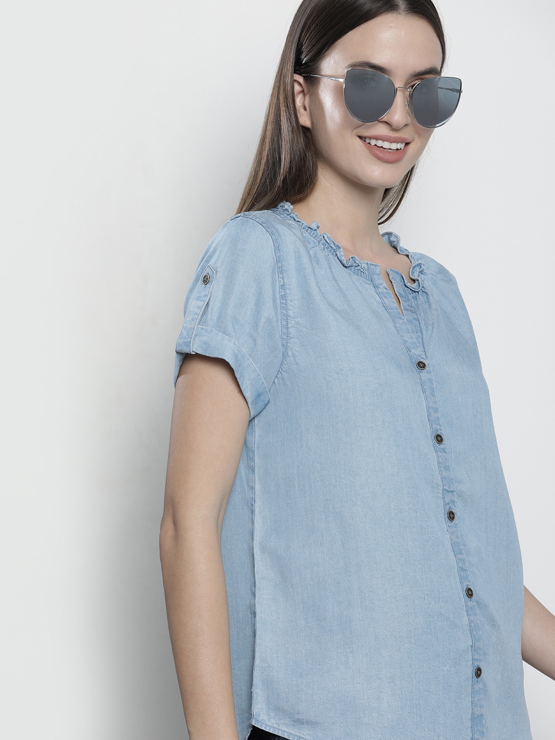 

Nautica Blue Mandarin Collar Top
