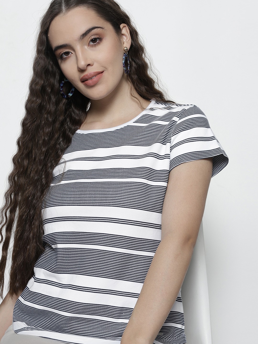 

Nautica Women Navy Blue & White Striped Round Neck Pure Cotton T-shirt
