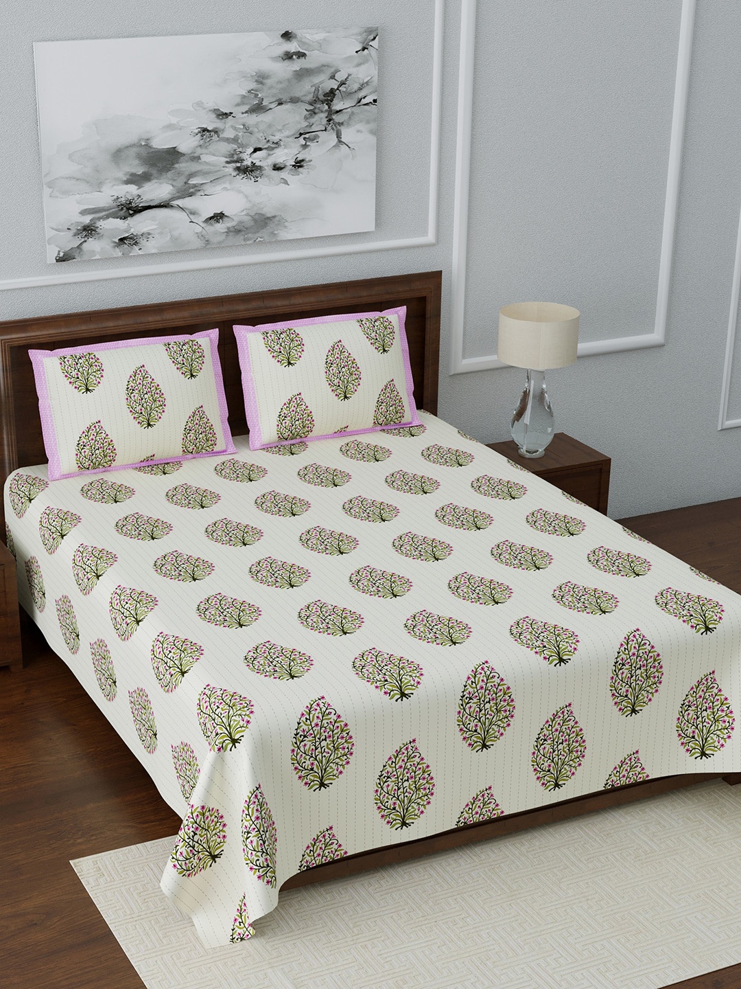 

LIVING ROOTS Cream-Coloured & Pink Ethnic Motifs 210 TC Cotton 1 King Bedsheet with 2 Pillow Covers