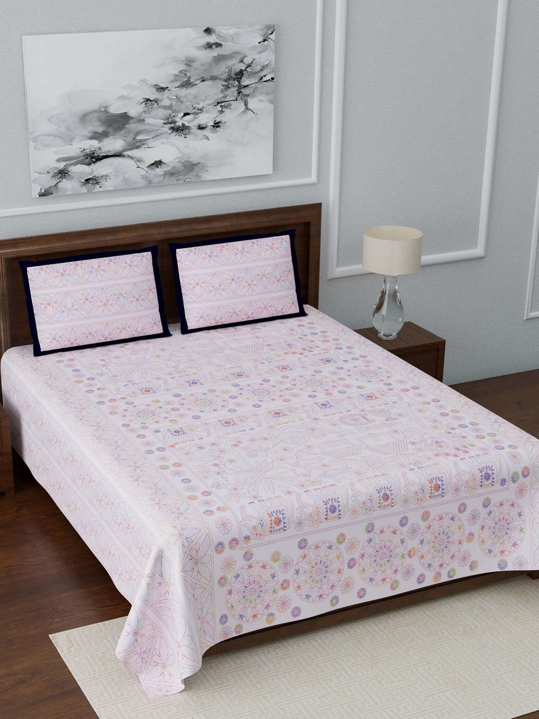 

LIVING ROOTS White & Pink Ethnic Motifs 210 TC Cotton 1 Queen Bedsheet with 2 Pillow Covers