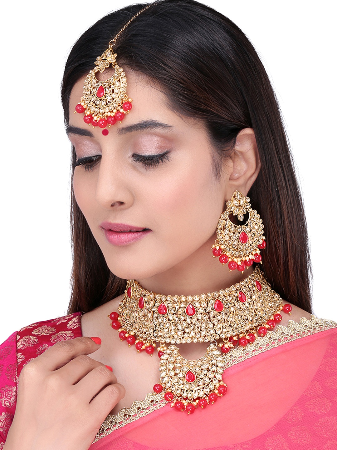 

Yellow Chimes Gold-Plated Red & Gold-Toned Kundan-Studded & Beaded Handcrafted Sustainable Jewellery Set