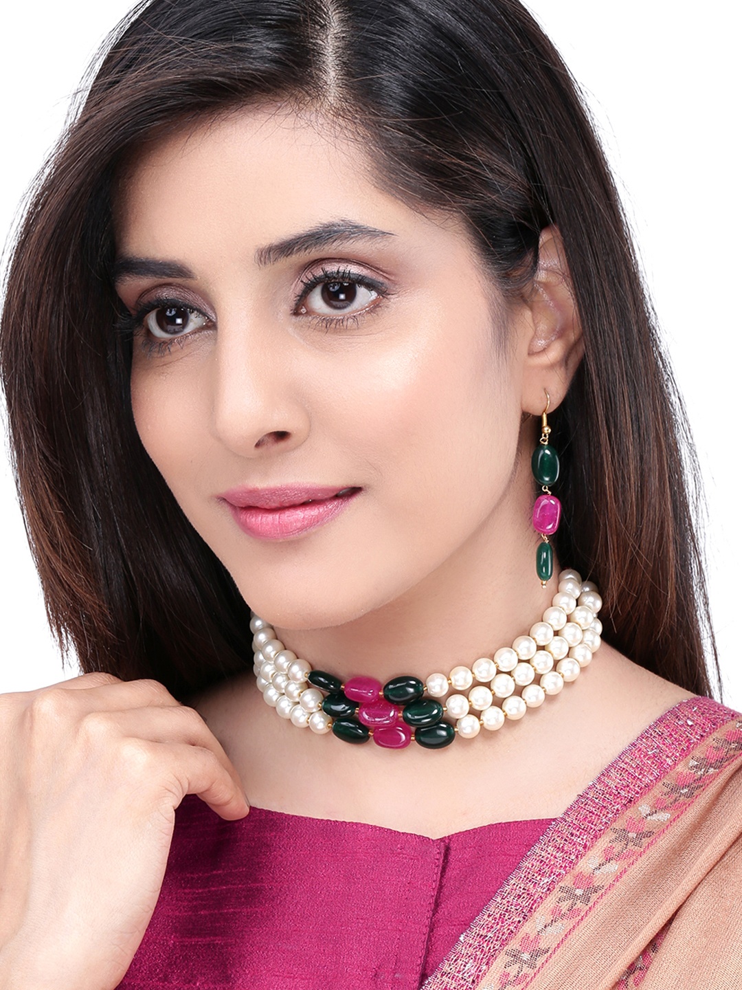 

Yellow Chimes Gold-Plated White & Pink Pearls Oxidised Handcrafted Jewellery set
